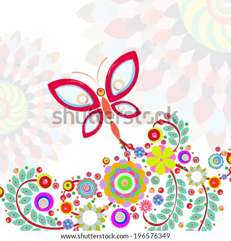 Butterfly with flowers background, made of acrylic, watercolor, handmade, from original canvas art. Grunge paint texture with brush stroke effect. 3d shadows. Vector.