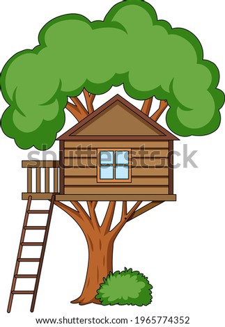 Tree with tree house cartoon style isolated on white background illustration