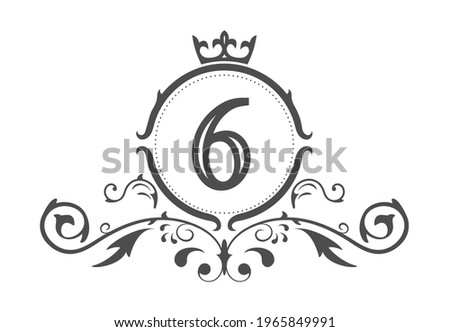 Stylized number 6. Ornament and crown monogram template for business cards, logos, emblems and heraldry designs. Vector illustration
