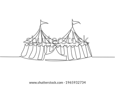 Single one line drawing of two circus tents together with stripes and flags at the top. Show place for clowns, magicians, animals. Modern continuous line draw design graphic vector illustration.