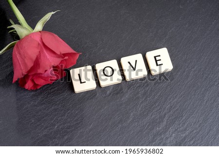 The word love and a red rose on a black background