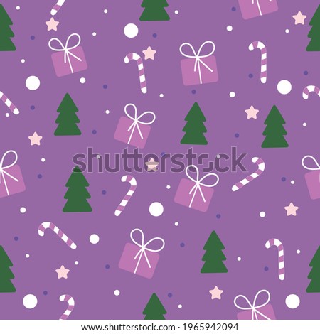 Christmas seamless pattern includes Christmas tree or pine, snow, gift box, stars, candy cane and circle. Merry Christmas and Happy New Year.