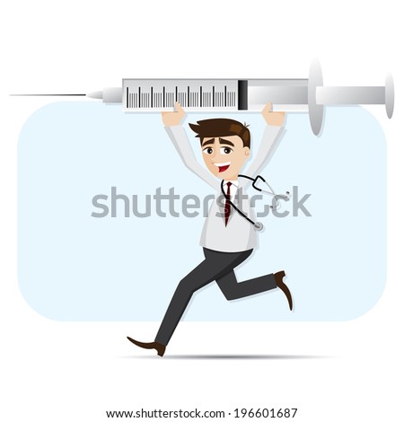 illustration of cartoon doctor carrying big syringe in healthcare concept