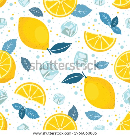 Bright lemonade seamless pattern: lemon slices, ice cubes, mint. Vector.
