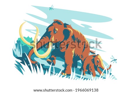 Brown mammal animal character vector illustration. Big adult mammoth and baby flat style. Huge tusks and big horns. Wildlife and nature concept. Isolated on white background
