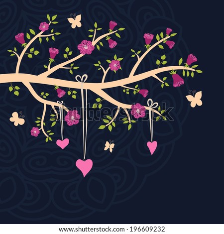 Cute vector illustration in dark tones. Branch with leaves and pink flowers, butterfly, heart. Can be used for celebration postcard, wedding invitation, etc.