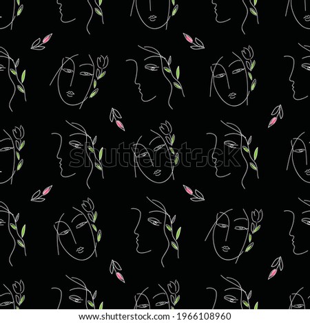 Trendy seamless pattern with abstract portraits of young women and flowers on black background. Vector illustration for textile print , background, wallpaper, decorative paper and other design.

