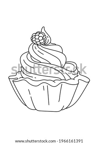 Coloring book for children. Sweet cake with cream and raspberries.