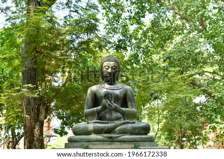 A stone Buddha image sitting in the middle of a shady garden.