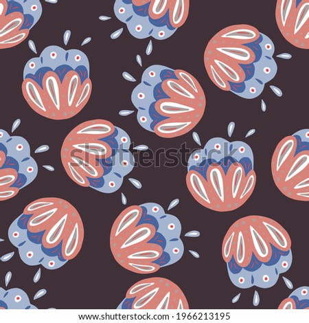 Blue and pink colored folk flowers seamless pattern in hand drawn style. Brown background. Random floral print. Great for fabric design, textile print, wrapping, cover. Vector illustration.