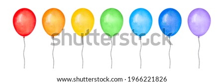 Watercolor collection of colorful party balloons of rainbow colors: red, yellow, orange, green, light blue and violet. Hand painted water color graphic drawing, cut out clipart elements for design.