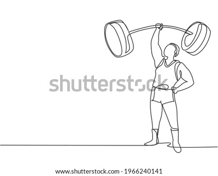 Single continuous line drawing the strongman lifted the curved barbell with only one hand. His muscles were clearly visible to the audience. Dynamic one line draw graphic design vector illustration.