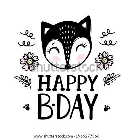 FOX Baby Birthday Cute Child Festive Greeting Card With Flowers Cartoon Hand Drawn Sketch With Handwriting Text Clip Art Vector Illustration For Print