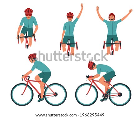 Cyclist in action set. Biker on a bicycle race from the side, front. Competition, victory in sports. Collection of vector illustrations isolated on white background. Royalty-Free Stock Photo #1966295449