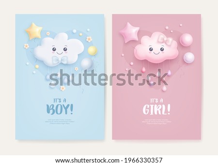 Set of baby shower invitation with cartoon cloud, helium balloons and flowers on blue and pink background. It's a boy. It's a girl. Vector illustration Royalty-Free Stock Photo #1966330357