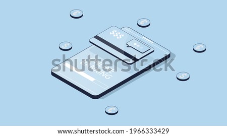 Isometric 3d vector illustration. Online banking. Smartphone with plastic card. Dollar and euro coins