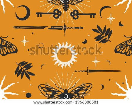 Hand drawn vector abstract flat stock graphic mystic magic illustration line art seamless pattern with celestial moon phase,flowers,moths and simple magical occult shapes isolated on color background
