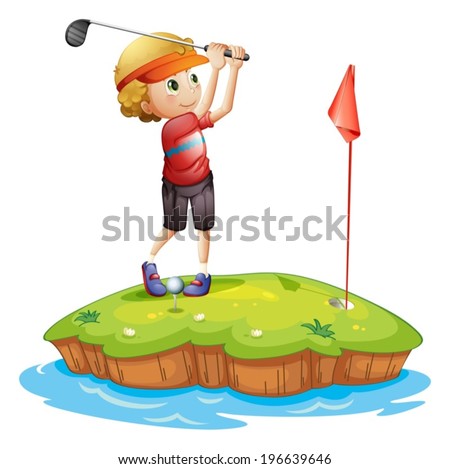 Illustration of an island with a boy playing golf on a white background