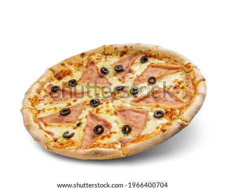 Pizza with cheese and tomato sauce isolated on white background. Deliciouse olive and ham topping.