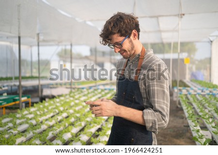 Smiling young Caucasian male farmer in apron and glasses, standing in a hydroponic farm looking at pictures of fresh organic vegetables grown in the hydroponic system that just taken on a cell phone.