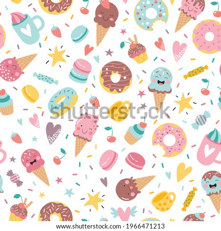 Cute hand drawn ice cream, donuts, cupcakes, candies and sweets seamless pattern background. Creative nursery background. Perfect for kids design, fabric, wrapping, wallpaper, textile, apparel Royalty-Free Stock Photo #1966471213