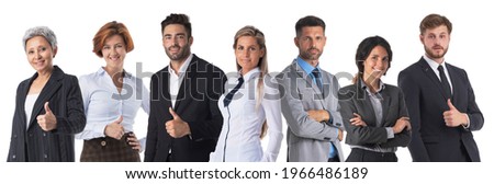 Group of business people with thumbs up sign standing together isolated on white background, unity cooperation teamwork concept