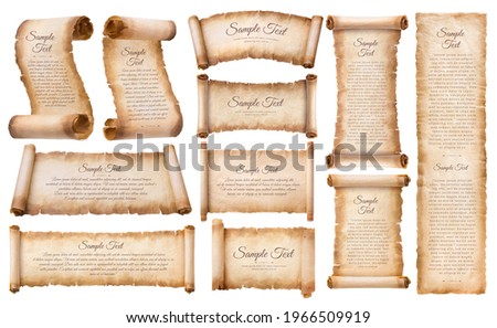 collection set old parchment paper scroll sheet vintage aged or texture isolated on white background. Royalty-Free Stock Photo #1966509919