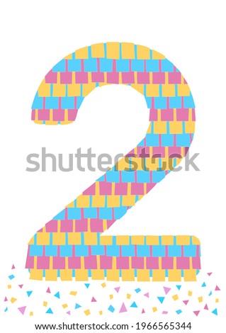 Number 2 shaped pinata. For greeting cards, invitation, banner, flier. Design elements isolated on white background. Mexican party game for birthday, anniversary, jubilee