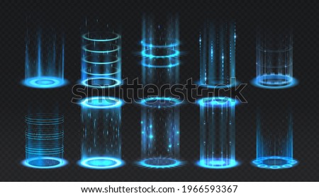 Realistic portal. Level up and teleportation process game effect, futuristic lighting and bright wrap aura. Glowing neon energy circles set. Vector vertical teleport with luminous beams Royalty-Free Stock Photo #1966593367