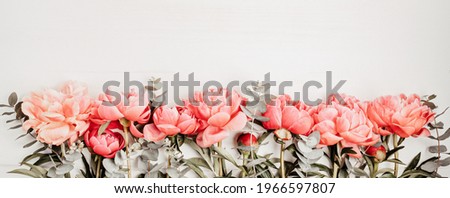 Banner of pink peonies. Artisan florist, floral shop, flowers delivery concept, greeting card idea