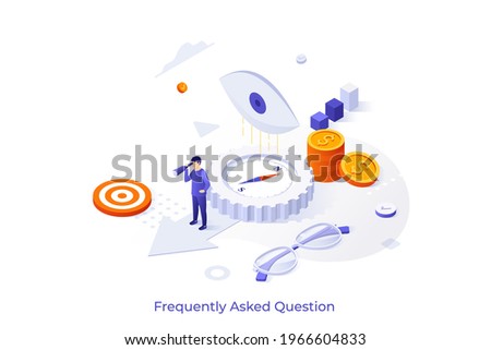 Conceptual template with man looking through spotting scope, compass, glasses and eye. Scene for search for right direction, business vision. Modern isometric vector illustration for website.