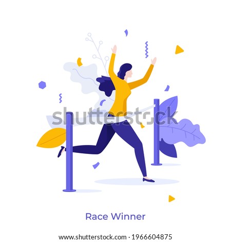 Runner or athlete crossing finish line and celebrating victory. Concept of success, triumph, winning race, championship, tournament or competition. Modern flat colorful vector illustration for banner. Royalty-Free Stock Photo #1966604875