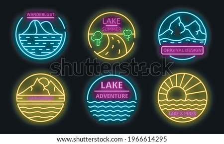 Lake logo set. Outline set of lake vector logo neon color on white