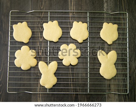 Baked sugar cookies on a cooling rack to be decorated with royal icing.