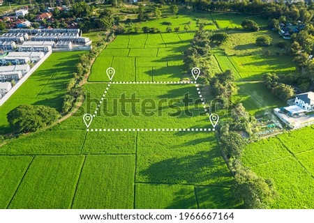 Land plot in aerial view. Gps registration survey of property, real estate for map with location, area. Concept for residential construction, development. Also home or house for sale, buy, investment. Royalty-Free Stock Photo #1966667164