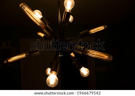 Macro shot of isolated interior light bulb against dark background. The bulbs are oddly shaped and modern. They convey almost a sense of abstractness according to their pellicular shape.