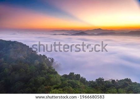 Landscape pictures of attractions in Yala Province, Southern Thailand The whole milky way Beautiful morning mist, suitable for traveling. 