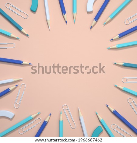 Beautiful composition with pencils and paper clips on the table. School supplies on a pink background. Back to school. Flat layout, top view, empty space for text. 3d illustration.