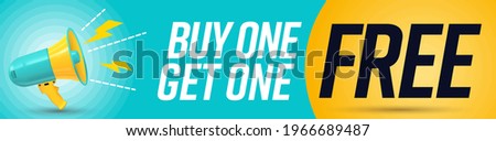 Megaphone announcing buy one get one free special gift. Banner with great offer of guarantee retail bonus for shopping vector illustration. Save money with economy purchase promotion Royalty-Free Stock Photo #1966689487