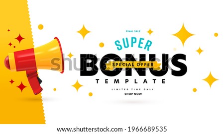 Banner advertising super bonus special offer on final sale. Announcement poster template with megaphone speaker for business and ecommerce promotion marketing limited time campaign vector illustration Royalty-Free Stock Photo #1966689535