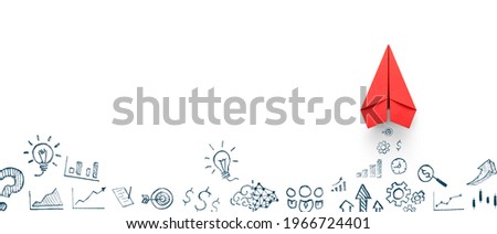 Red paper plane and business strategy on white background, Business success, innovation and solution concept, copy space