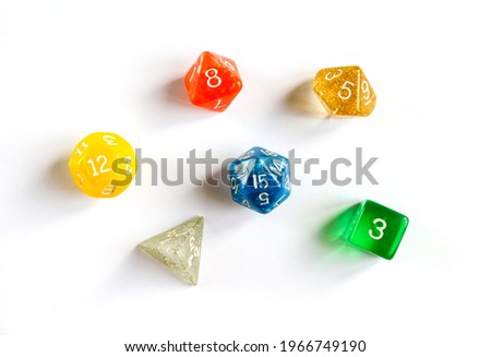 Special colorful dices group for role playing games.