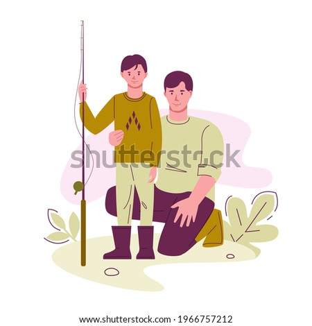 Father and son with a fishing rod. The concept of family outdoor recreation. Vector illustration in flat style.