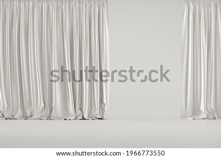 White fabric curtains in satin color with folds isolated on white background in studio, template or source, letterhead or wallpaper, 3d render