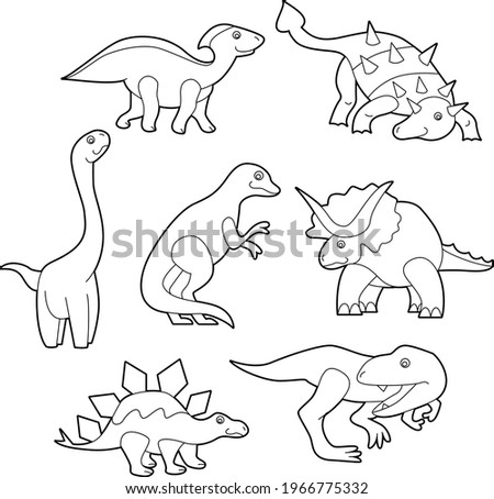 Funny cute animals dinos isolated on white background. Linear, contour, black and white  version. Illustration can be used for coloring book and pictures for children