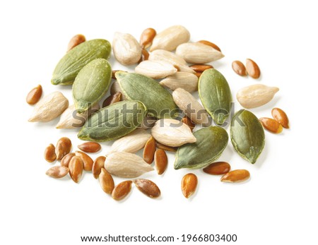 Pumpkin, sunflower, flax seeds mix isolated on white. Seeds mixture with clipping path.  Royalty-Free Stock Photo #1966803400