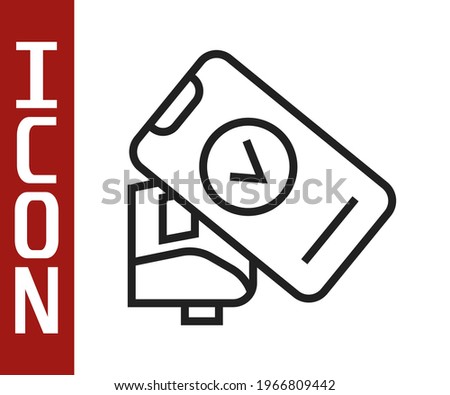 Black line POS terminal with printed reciept and confirms the payment by smartphone icon isolated on white background. NFC payment concept.  Vector