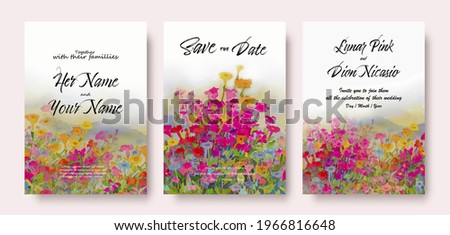 Wedding invitation card colorful landscape spring flowers in meadow. Painting flowers and leaves greenery on white background. Vector hand drawn isolated style. Wedding card ornament concept.