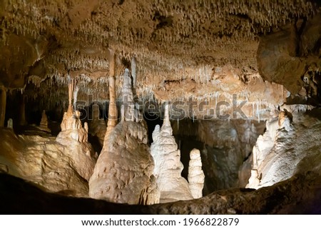 Stalactites, stalagmites and streak formations in cave of Balzarca. Moravian Karst. Czech Republic Royalty-Free Stock Photo #1966822879