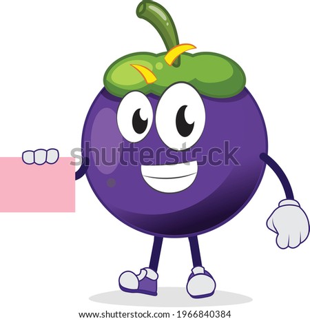 amazing happy mangosteen character holding blank paper in hand